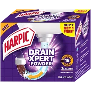5 Harpic Drain Xpert Drain Cleaning Powder Removes Blockages In 30 Mins For Washbasins Sinks Bathrooms
